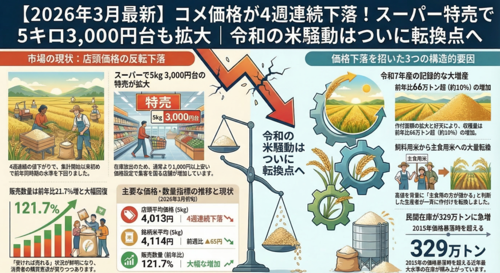 【2026年3月最新】コメ価格が4週連続下落！スーパー特売で5キロ3,000円台も拡大｜令和の米騒動はついに転換点へ