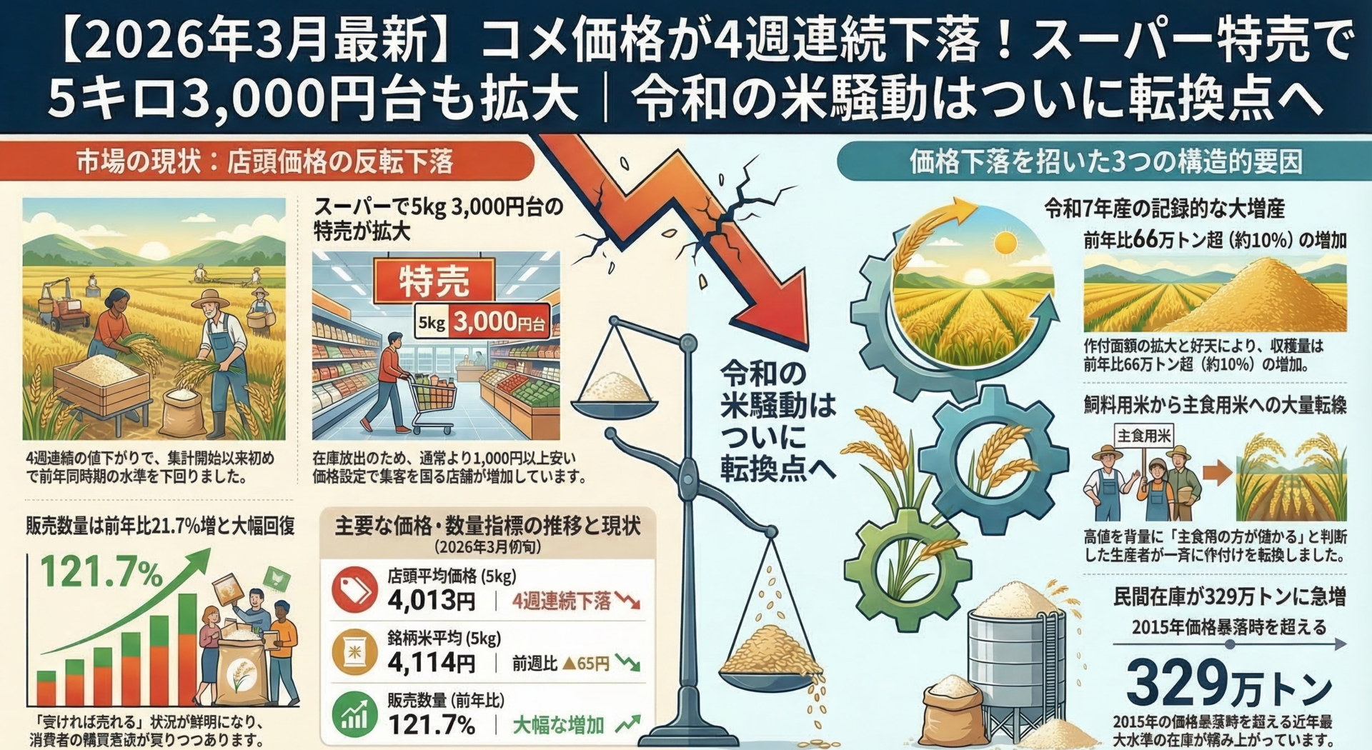 【2026年3月最新】コメ価格が4週連続下落！スーパー特売で5キロ3,000円台も拡大｜令和の米騒動はついに転換点へ